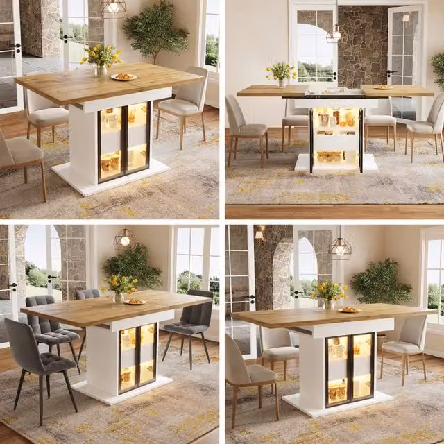 Tavolo da pranzo estraibile 110 140 cm con LED RGB ante scorrevoli in vetro bianco/nero