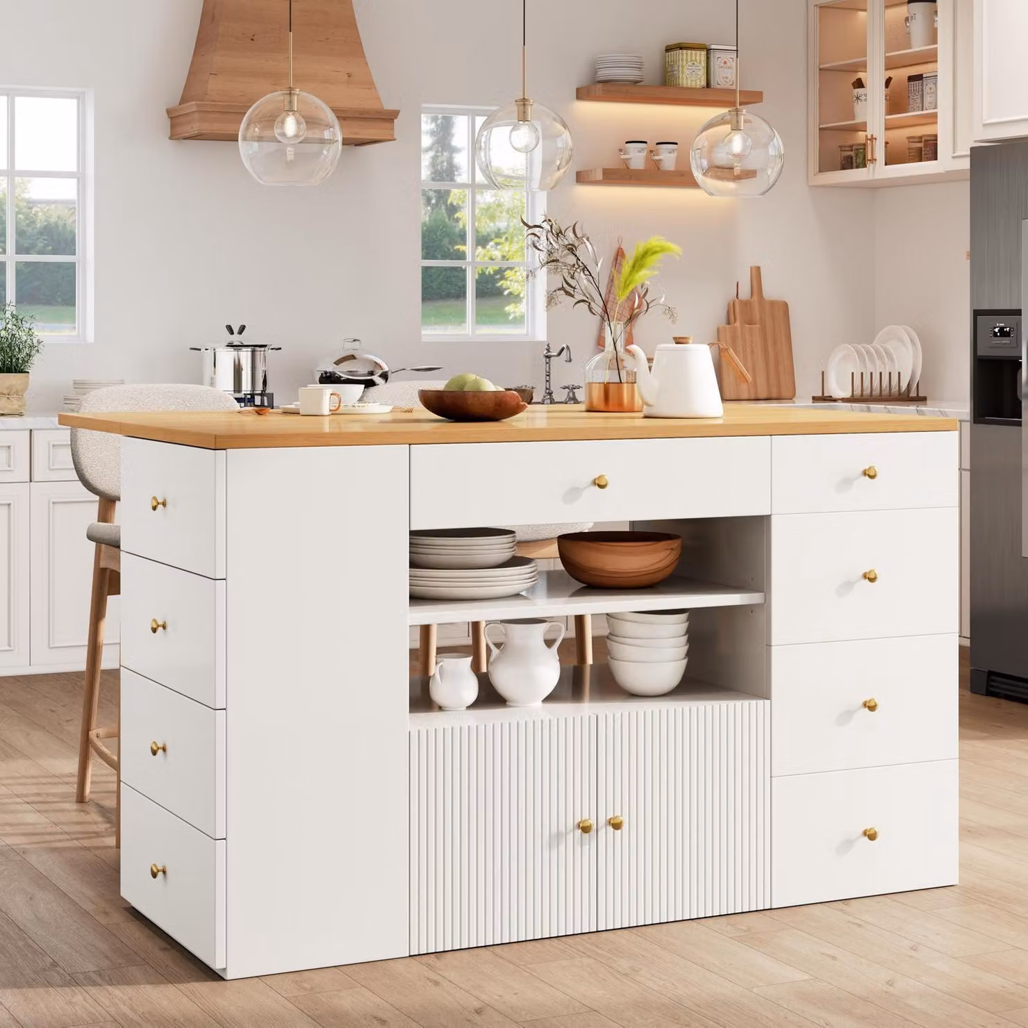 Isola da cucina con piano di lavoro e 6 cassetti, bianca, 140x40x89 cm