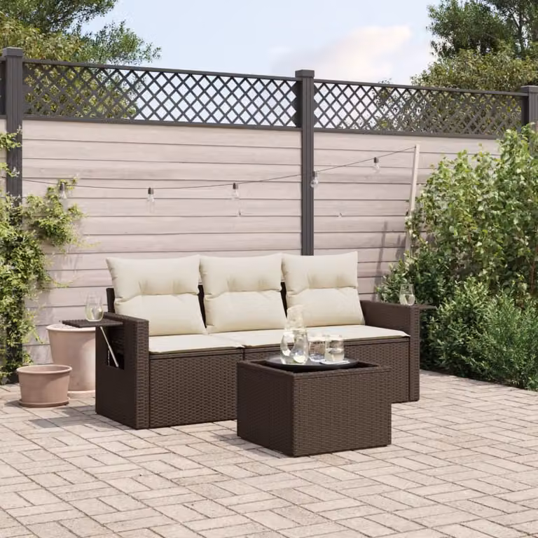 Set Divano da Giardino vidaXL 4 pz in Polyrattan Marrone con Cuscini e Tavolino da Esterno