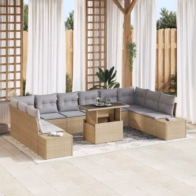 Set Divano da Giardino Moderno vidaXL in Polyrattan 11 Pezzi Beige e Grigio con Cuscini e Tavolino da Caffè