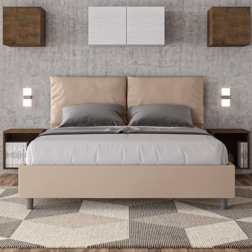 BS COM Letto matrimoniale con rete imbottita in similpelle color beige L: 160 cm, P: 210 cm – 2