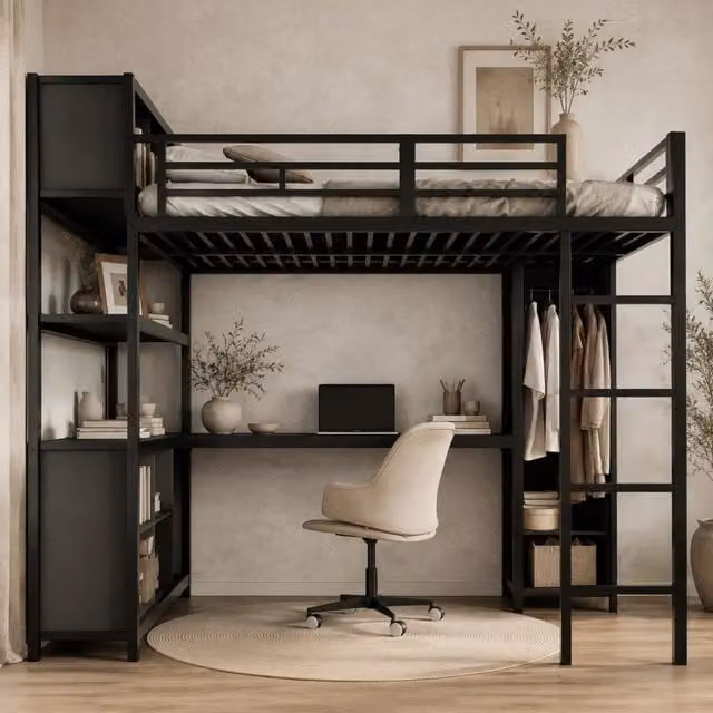 Letto a soppalco 140 × 200 cm con scrivania armadio e vani contenitore in metallo e pannelli truciolari nero