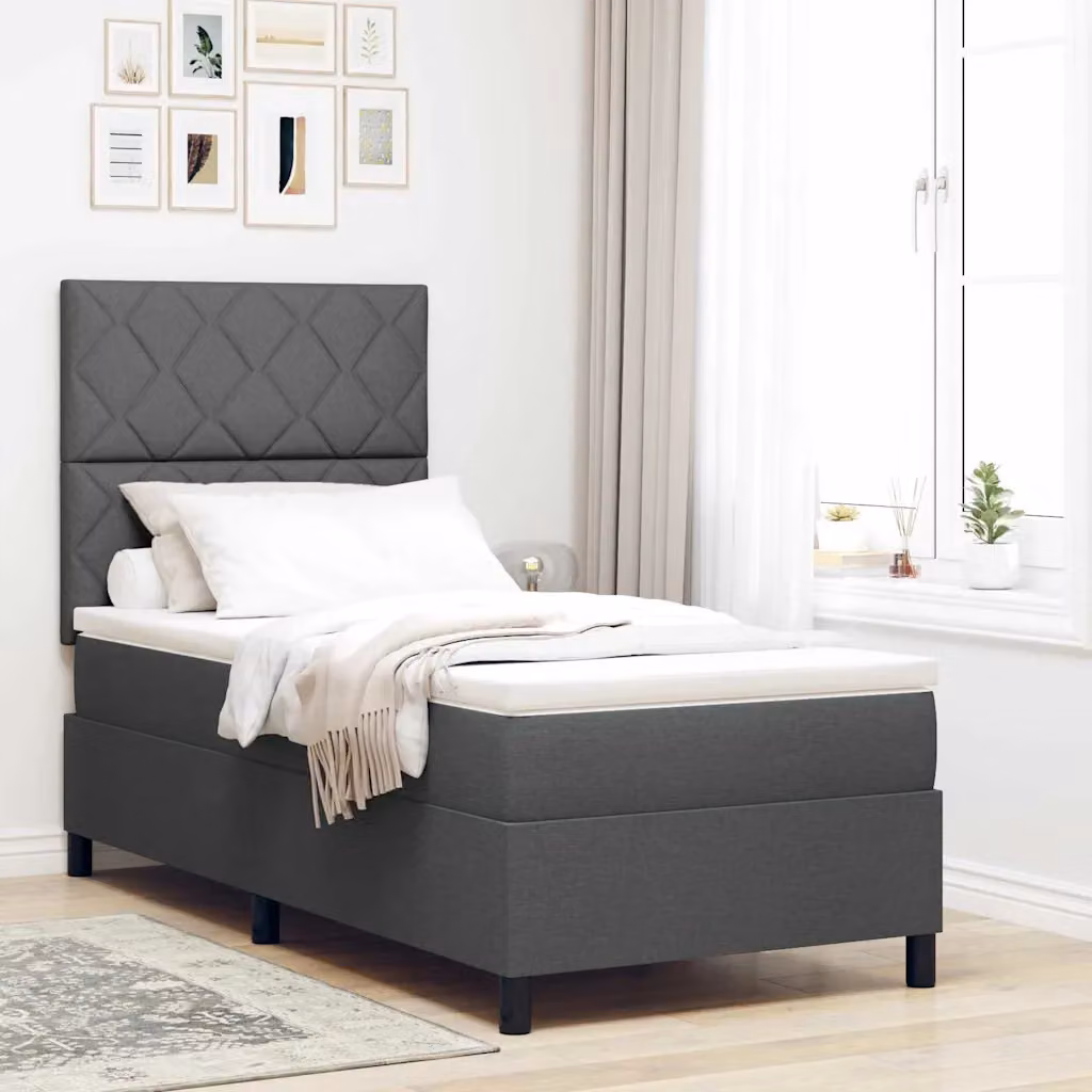 Letto a molle con testiera vidaXL in tessuto grigio, L/P: 90 x 200 cm