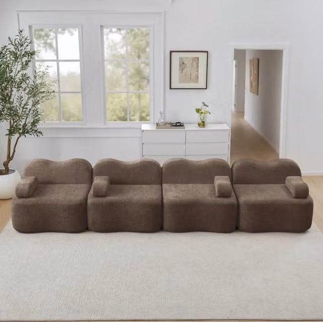 Divano modulare angolare senza struttura in velluto; forma ondulata; 384x98x70 cm; marrone