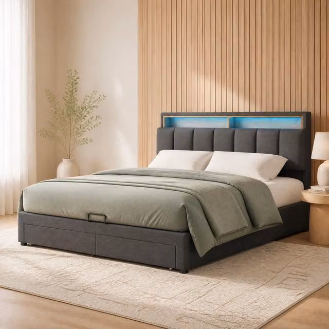 Letto imbottito matrimoniale 180×200 cm con vano contenitore e LED regolabile, senza materasso, lino, grigio scuro