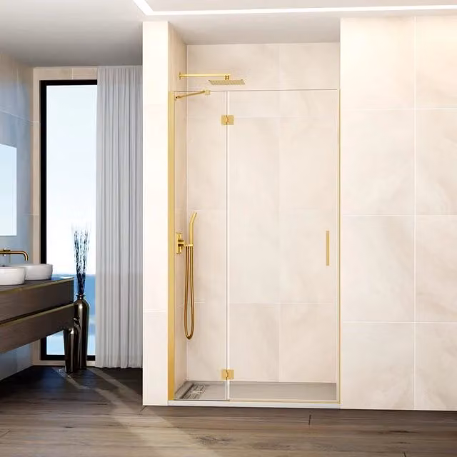 Box doccia frontale GLASS fisso + porta battente chiusura magnetica 70 cm (67-70; fisso 20+porta 50) oro