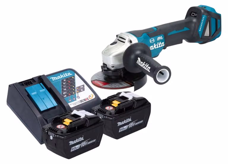 Smerigliatrice angolare a batteria Makita DGA 517 Z 18 V 125 mm Brushless + 2 batterie da 9,0 Ah + caricabatterie