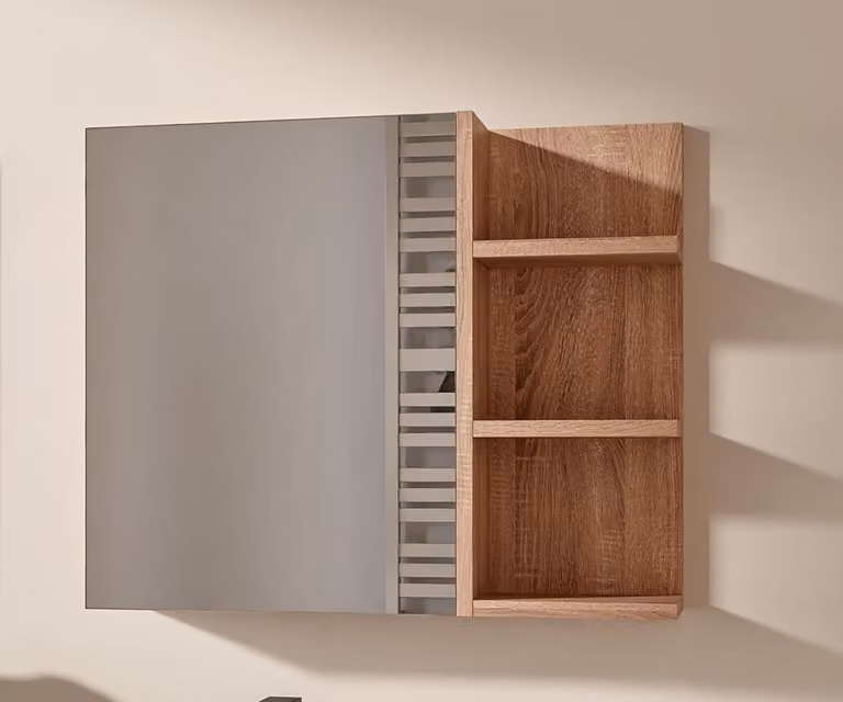 Armadietto Bagno Rovere Sonoma con Specchio e Ripiani 60x50 cm Pensile Bagno 1 Anta Apertura Senza Maniglia Ripiani a Destra