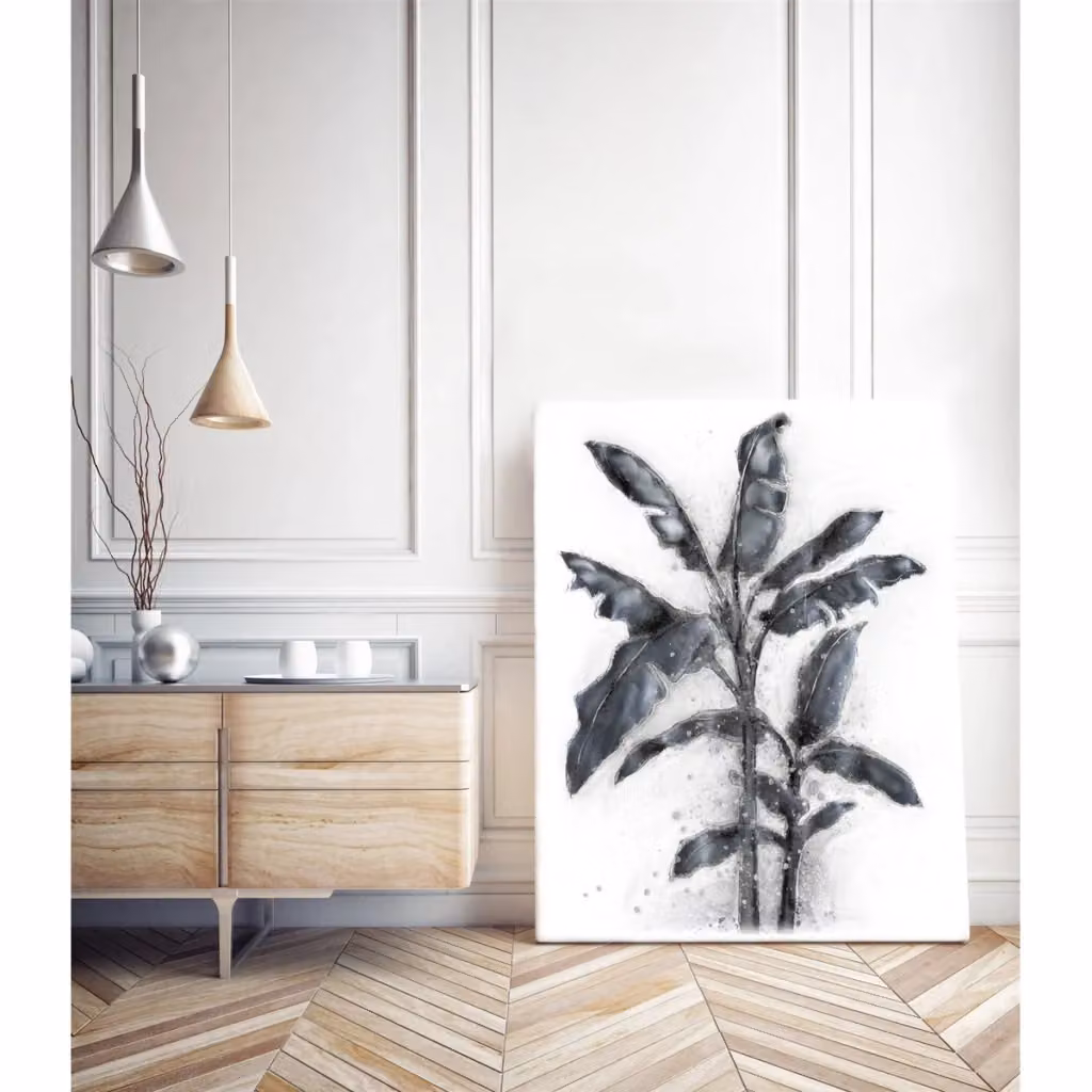 Quadro moderno Palme II di Vikasa Home, decorazione botanica con stampa dipinta a mano in alluminio, L: 80 cm, H: 100 cm – 2