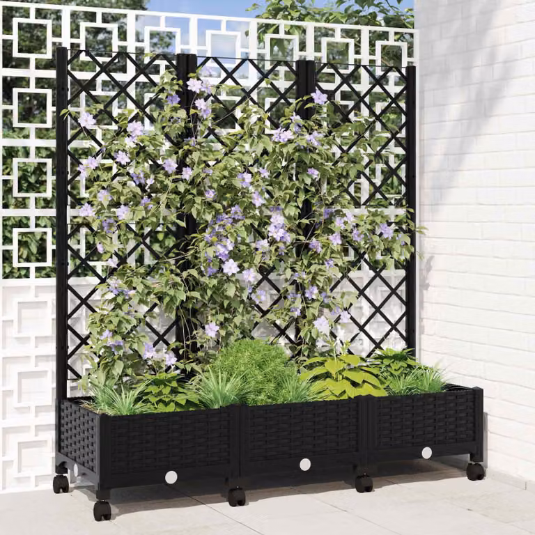 vidaXL Vaso da giardino con grigliato e ruote Nero L: 120 cm, P: 40 cm, H: 131,5 cm