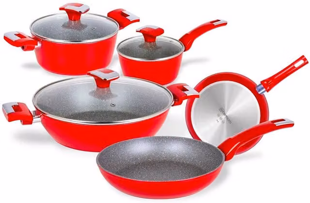 Set di batterie da cucina Aeternum in alluminio antiaderente da 8 pezzi, compatibile con induzione, colore rosso sparkling