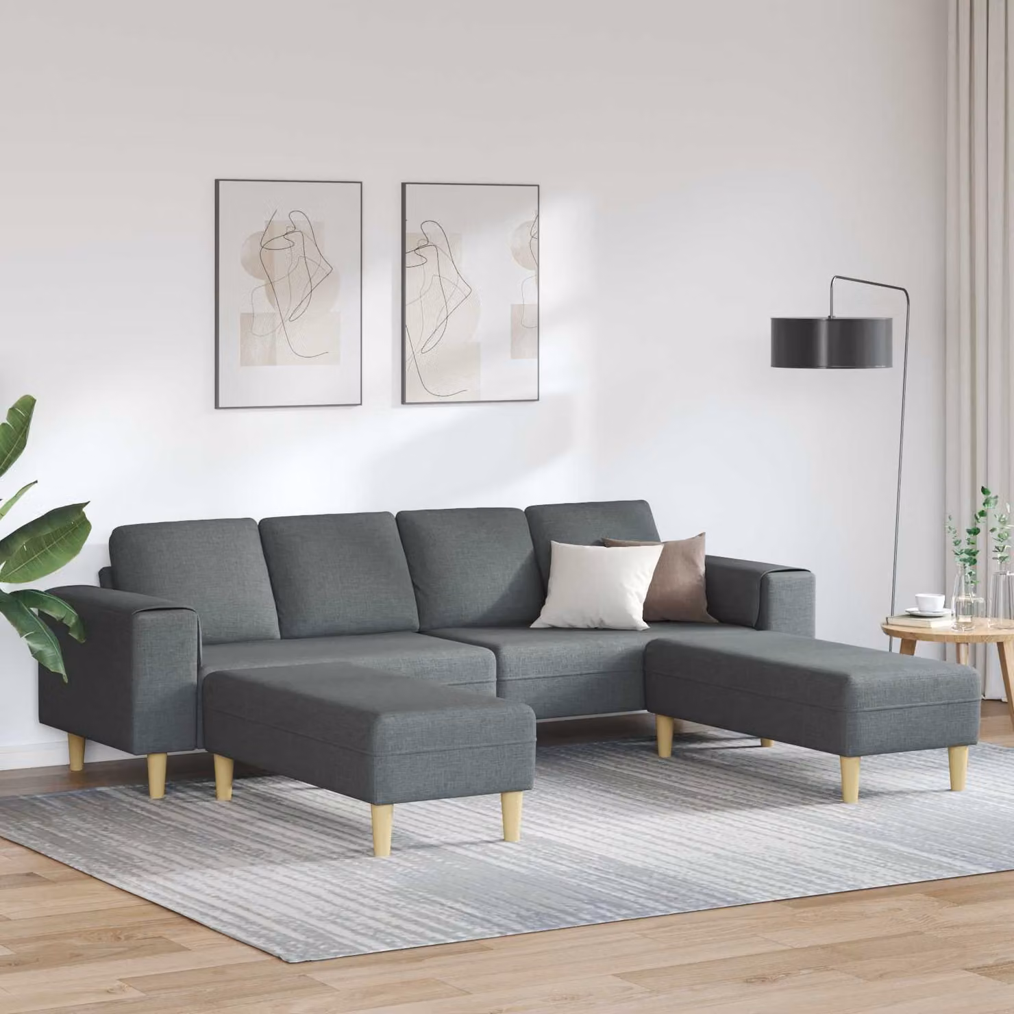 Set Divano da Soggiorno vidaXL in Tessuto con Pouf e Cuscini, Grigio