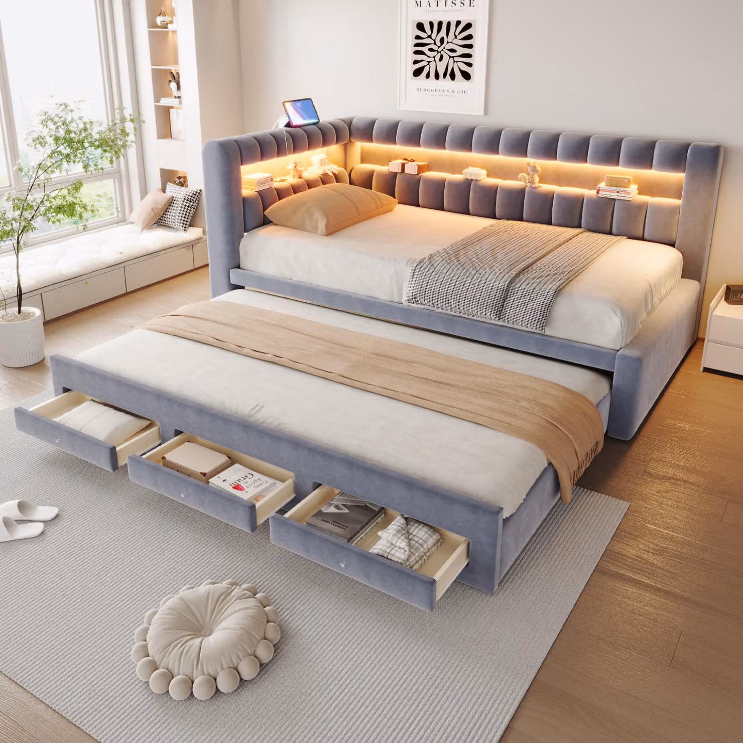 Divano letto Flieks 90x190 cm con letto estraibile, divano giorno con cassetti, letto imbottito per ragazzi con USB e porta Type C, divano letto in ecopelle, velluto, grigio scuro