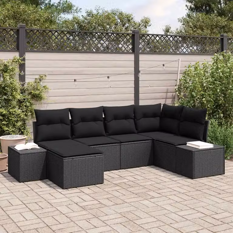 Set Divano da Giardino a L vidaXL 6 Pezzi Nero con Cuscini e Ottoman in Polyrattan e Acciaio