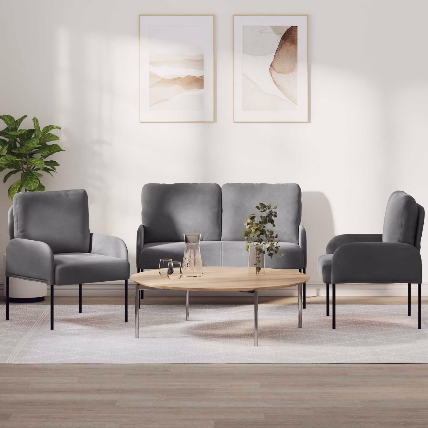 Set di divani 3 pezzi vidaXL in tessuto grigio e nero con struttura in legno e metallo per soggiorno