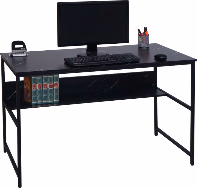 Scrivania MCW-K80, scrivania da ufficio, scrivania per computer, piano di lavoro, ripiano, metallo e MDF, 120x60 cm ~ effetto marmo nero