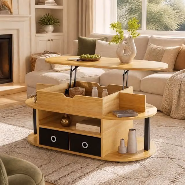 Tavolino da salotto ULEVR 105x50 cm con piano sollevabile, 2 cassetti in tessuto e vano contenitore, legno e nero