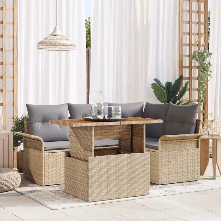 Set Divano da Giardino 5 Pezzi vidaXL in Rattan e Metallo Beige