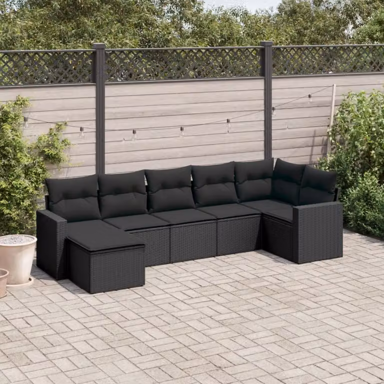 Set Divani da Giardino a L vidaXL in Polyrattan Nero con 7 Cuscini e Ottoman