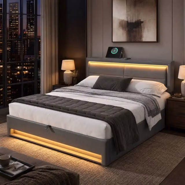 Letto imbottito 140x190 cm con ricarica USB e wireless, LED e vano contenitore in PU grigio