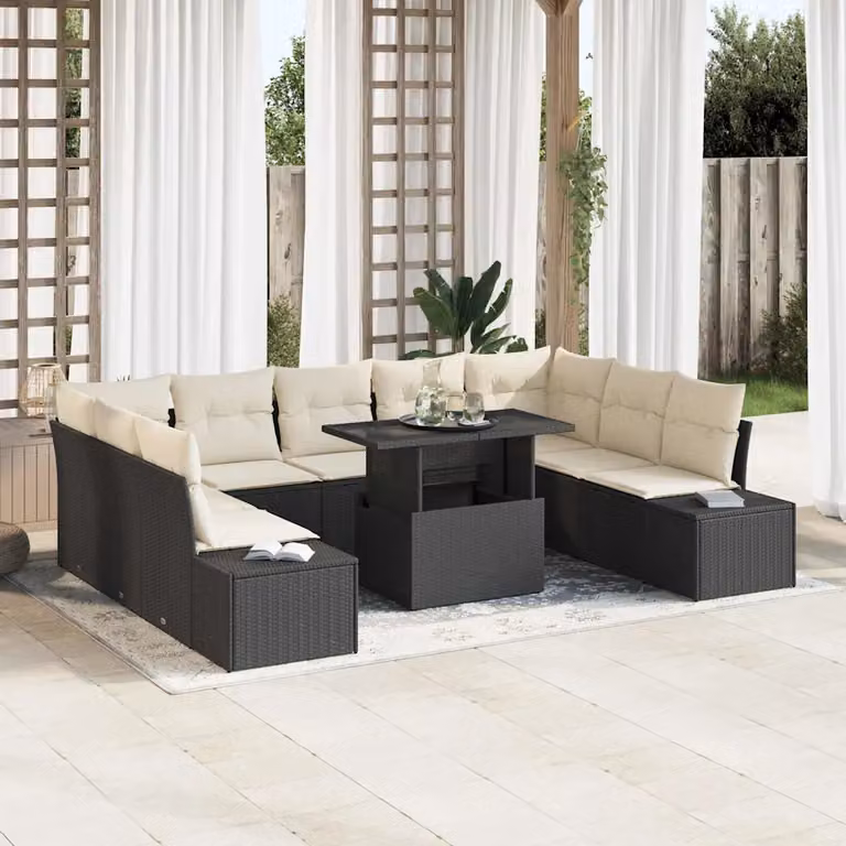 Set Divano da Giardino a L vidaXL in Polyrattan Nero con Cuscini e Tavolino da Caffè