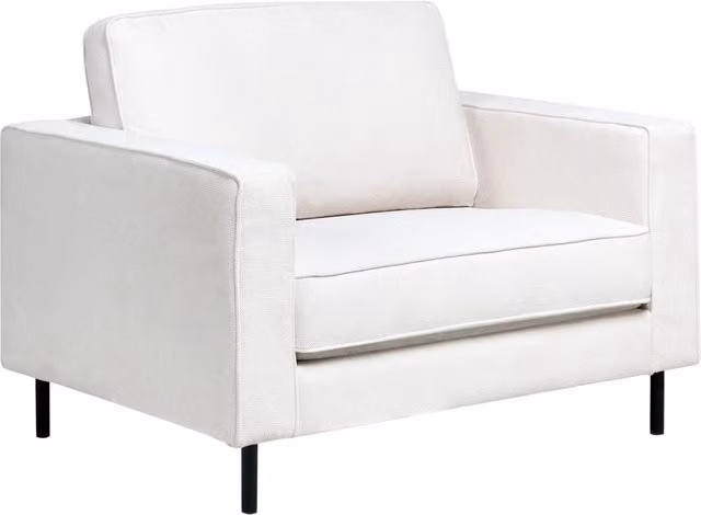 Poltrona in tessuto bianco sporco Sedia da salotto minimalista con gambe nere Braccio a binario