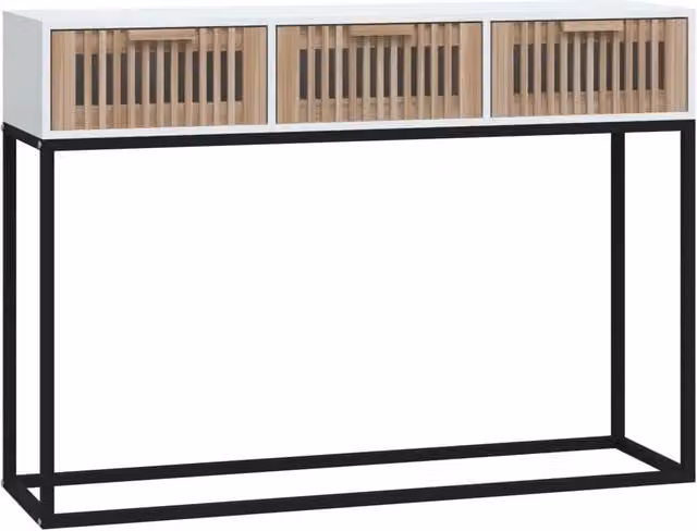 Tavolino Consolle Design in Stile Scandinavo Bianco in Legno di Pino e Metallo L: 105 cm, P: 30 cm, H: 75 cm