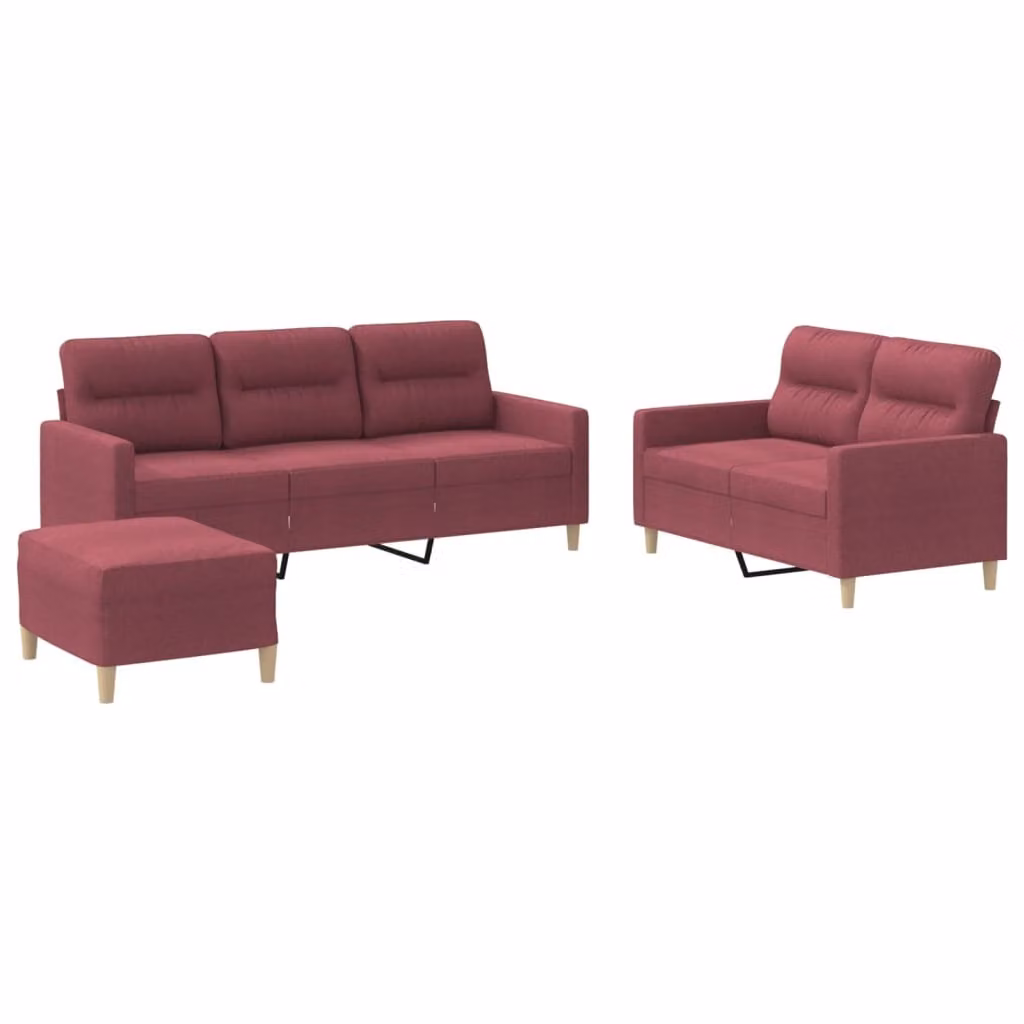 Set di Divani 3 pz con Cuscini Rosso Vino in Tessuto