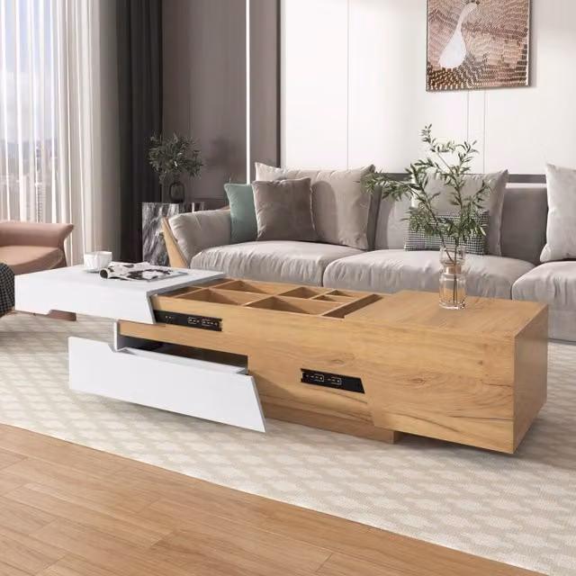 Tavolino allungabile con cassetti in MDF bianco e legno naturale 120x50x37,5 cm