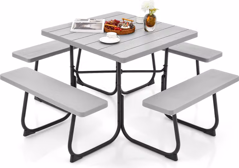 COSTWAY Set di sedute per 8 persone, mobili da giardino con foro per ombrellone e 4 panche, tavolo da giardino grigio