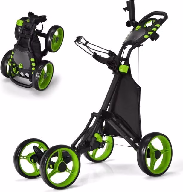 Carrello da golf a spinta e a trazione con borsa impermeabile e freno a pedale, Carrello pieghevole a 4 ruote Verde-Golf
