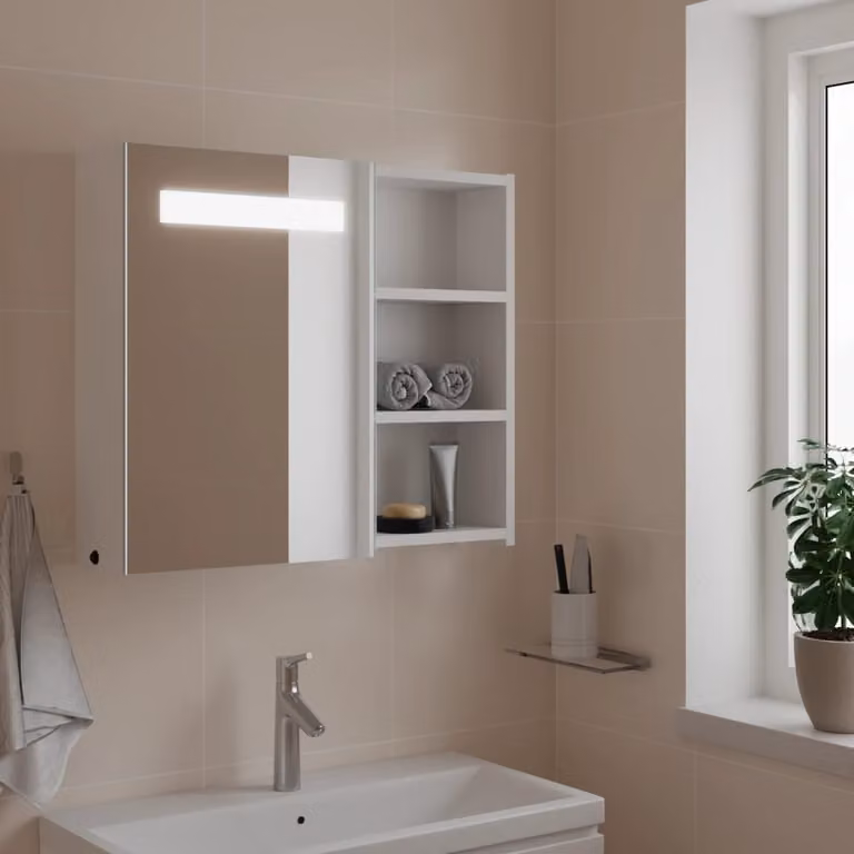 Armadietto da bagno con specchio e illuminazione LED vidaXL bianco moderno con ante in vetro e ripiani interni L/P/H: 60 x 13 x 52 cm