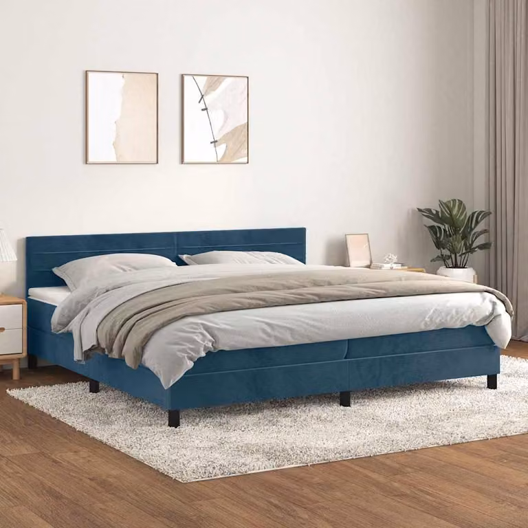 vidaXL Letto Ibrido con Giroletto a Molle e Materasso in Velluto Blu e Bianco L/P: 200 x 200 cm