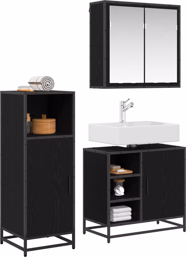 Set di mobili per il bagno 3 pcs Rovere Nero Legno multistrato