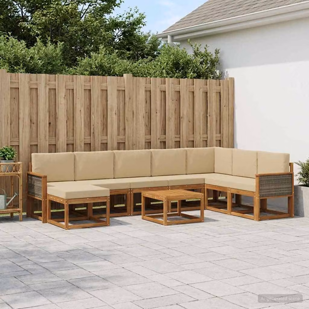 Set di divani da esterno vidaXL 9 pz in legno di acacia con pouf e tavolino, colore beige e marrone