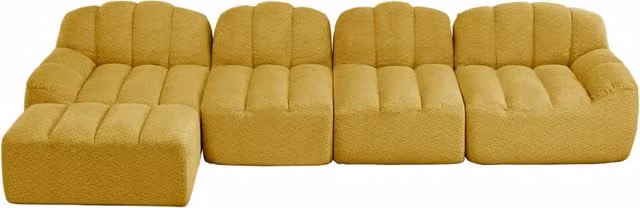 Divano modulare 4 posti con pouf, schiuma ad alta densità 32D, tessuto morbido giallo, design senza telaio