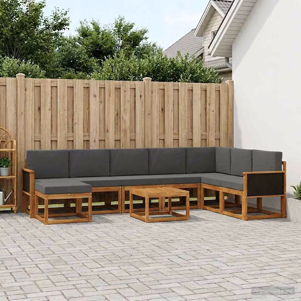 vidaXL Set di divani da esterno a L in legno di acacia con tavolino e pouf, 9 pezzi, Marrone e Antracite