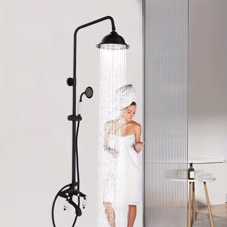 Set di rubinetteria per doccia in stile retrò – soffione doccia vintage e miscelatore classico con flessibile – nero