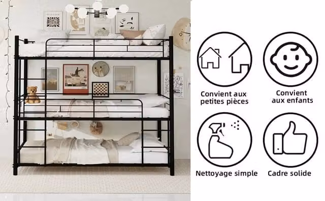 Letto a castello a tre piani in ferro nero 90x190 cm con scala integrata, sponde complete e base antiscivolo, per bambini, ragazzi e adulti