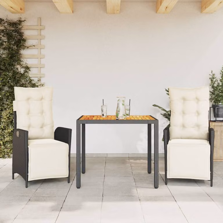 Set da pranzo da giardino vidaXL in polyrattan e legno di acacia nero e bianco con 3 pezzi e cuscini