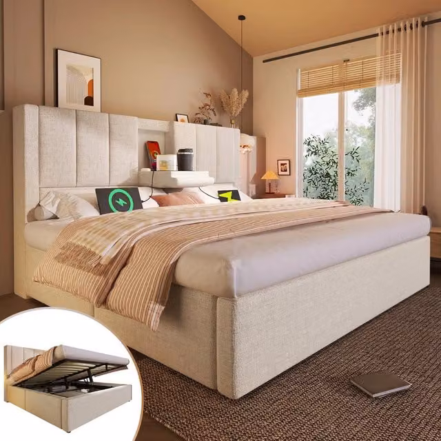 Letto Contenitore Imbottito 180x200 ¨C MINIMAL ¨C Idraulico, Doghe Incluse, Lino Beige