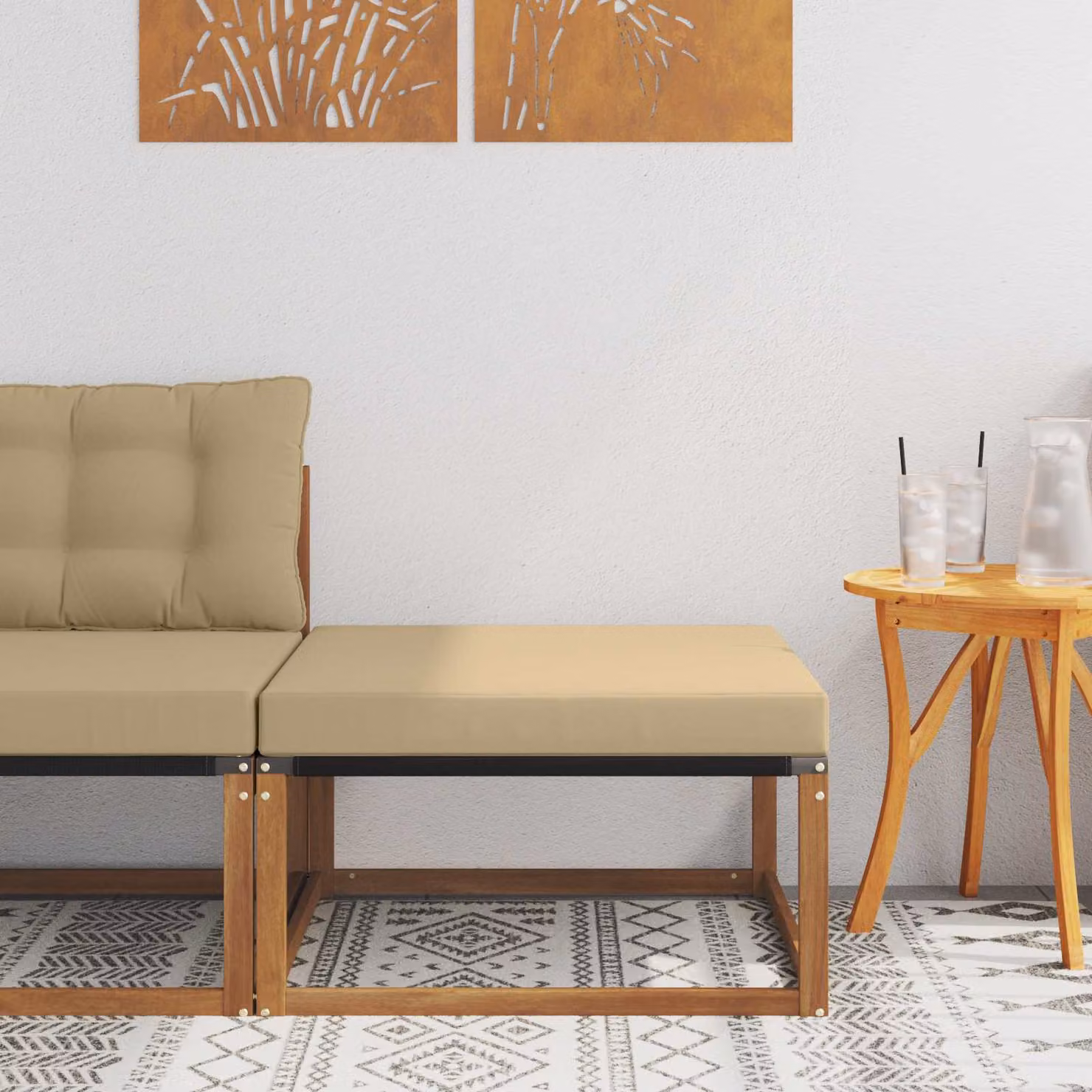 vidaXL Poggiapiedi da esterno in legno di acacia massello con cuscini beige, L: 79 cm, P: 37 cm, H: 2 cm