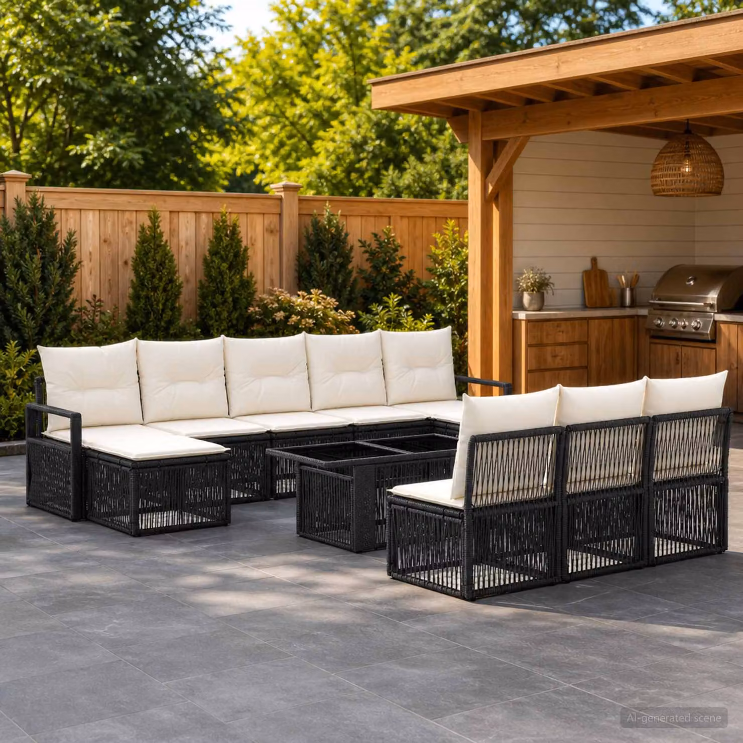 Set Divano da Giardino Moderno vidaXL in Polyrattan 11 Pezzi con Cuscini Nero e Bianco Crema