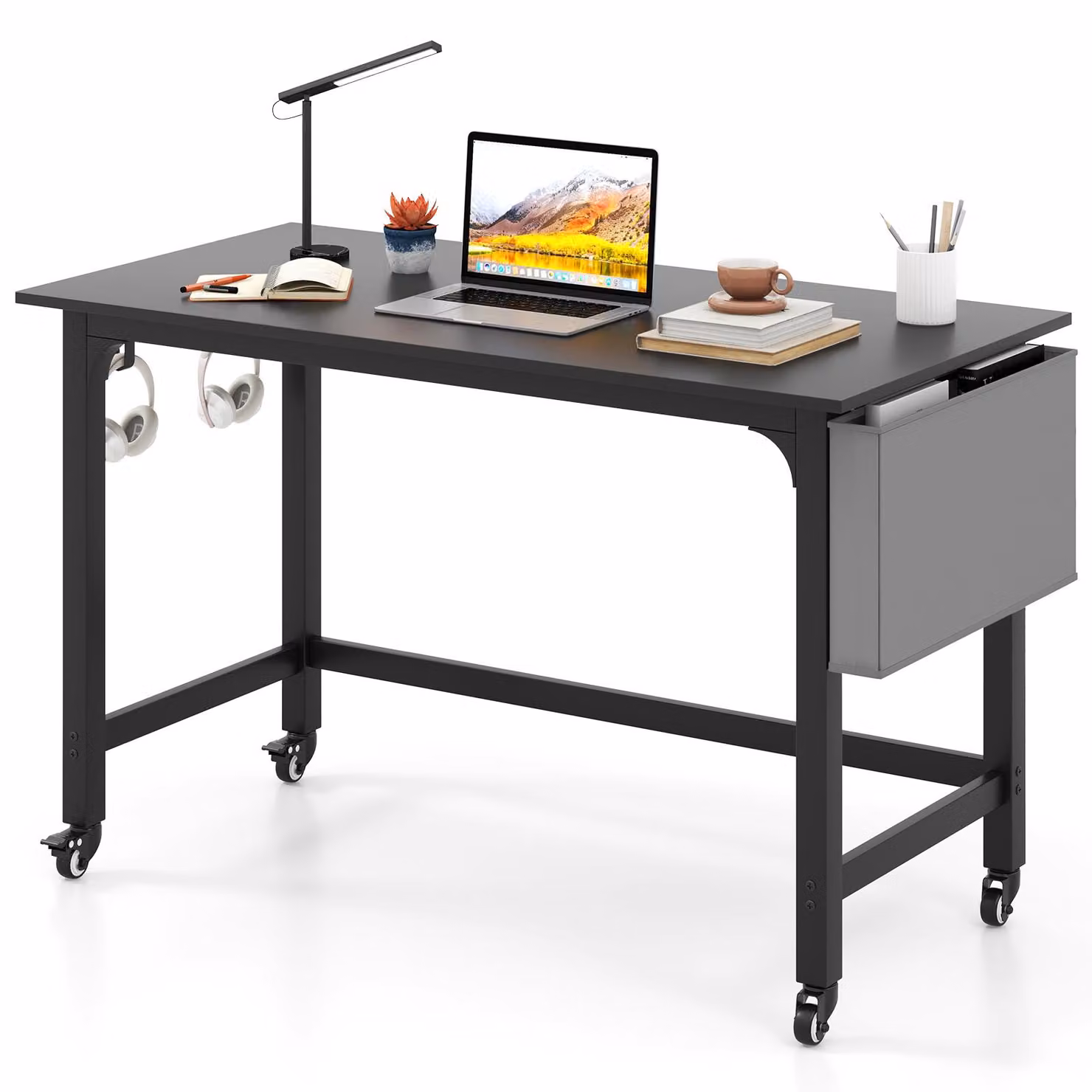 Scrivania su ruote COSTWAY, scrivania per computer 120x60x75cm, tavolo da lavoro con portata di 136 kg, tavolo da ufficio, tavolo per PC, per soggiorno, studio e ufficio, nero