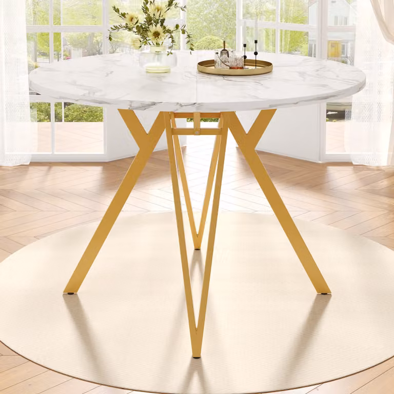 Tavolo da pranzo Flieks, tavolo rotondo 100x100x76 cm, tavolo da cucina con piano marmorizzato e gambe in metallo, dorato