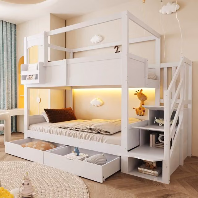 Letto a castello per bambini REDOM in legno bianco laccato con scala contenitore e struttura a casetta L/P/H: 253 x 90 x 200 cm