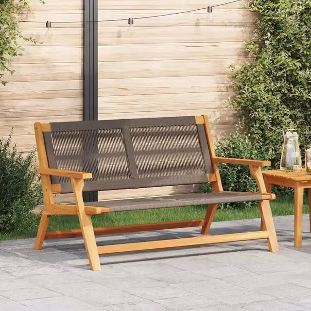 Panca da giardino moderna vidaXL in legno di acacia con braccioli, Grigio e Marrone, L: 122 cm, P: 76 cm, H: 73 cm – 1