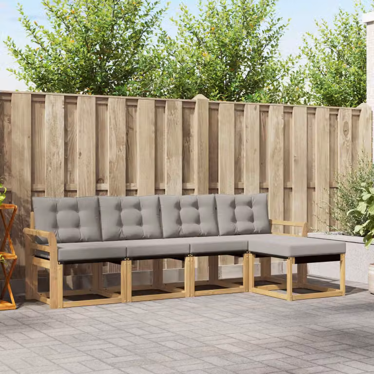 vidaXL Set di divani da esterno a L composto da 5 pezzi in legno di acacia con cuscini in tessuto bianco e grigio