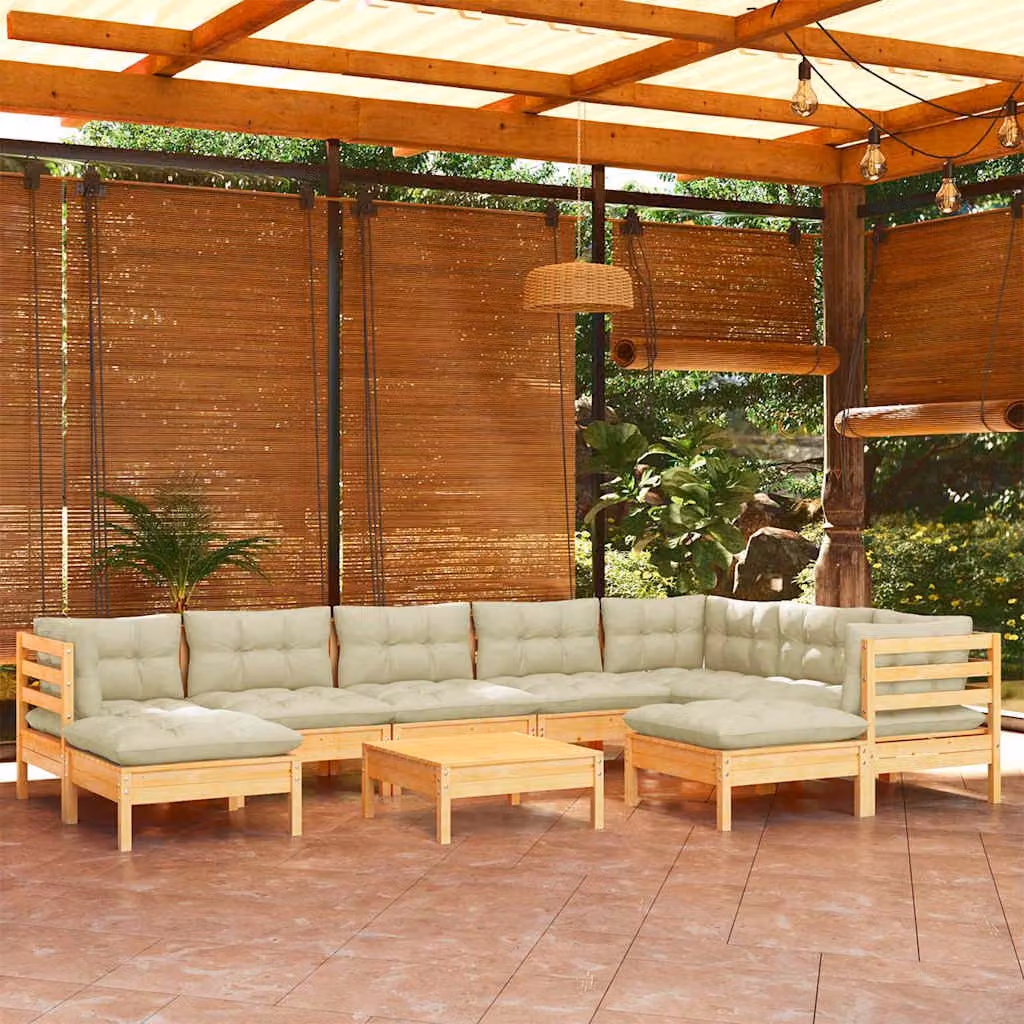 Set di Divani da Giardino vidaXL 10 Pezzi in Legno Massello di Pino con Cuscini Beige e Design Moderno a L