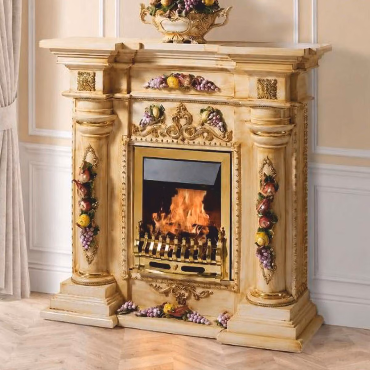 Camino elettrico in Vetroceramica "Casa Padrino" in stile barocco, con illuminazione LED, beige/multicolore/oro, 135 cm - Arredamento in stile barocco - Prodotto in Italia